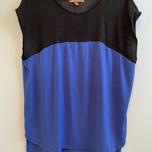 Blue and black color block blouse.